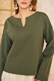 Kadın Ekstra Uzun Duble Kol / Yakası Yırtmaçlı Salaş Sweatshirt Bluz 3470190