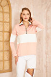 Kadın Mint Bej Uzun Kol Fermuarlı Polo Yaka Color Block Basic Salaş Sweatshirt Bluz 3471210