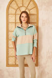 Kadın Mint Bej Uzun Kol Fermuarlı Polo Yaka Color Block Basic Salaş Sweatshirt Bluz 3471210