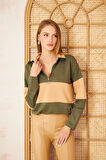 Kadın Mint Bej Uzun Kol Fermuarlı Polo Yaka Color Block Basic Salaş Sweatshirt Bluz 3471210