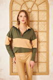 Kadın Mint Bej Uzun Kol Fermuarlı Polo Yaka Color Block Basic Salaş Sweatshirt Bluz 3471210
