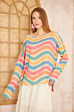 Kadın Gökkuşağı Miks Ekstra Salaş Oversize Geniş Kayık Yaka Desenli Akrilik Kazak 3478