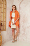 Kadın Asimetrik Tesettüre Uygun Uzun Terikoton Turuncu Tunik Gömlek Elbise 4912230