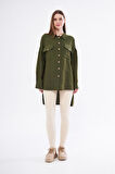 Pasaklı Giyim Kadın Oversize Arkası Uzun Pileli Uzun Kollu Haki Uzun Keten Gömlek Tunik 3524260