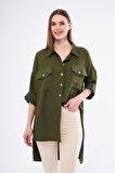 Pasaklı Giyim Kadın Oversize Arkası Uzun Pileli Uzun Kollu Haki Uzun Keten Gömlek Tunik 3524260