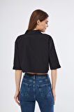 Kadın Crop Cepli Kısa Terrycotton Kaliteli Kumaş Turuncu Gömlek- Krop 3533160