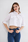 Kadın Crop Cepli Kısa Terrycotton Kaliteli Kumaş Turuncu Gömlek- Krop 3533160