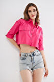 Kadın Crop Cepli Kısa Terrycotton Kaliteli Kumaş Turuncu Gömlek- Krop 3533160