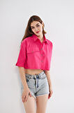 Kadın Crop Cepli Kısa Terrycotton Kaliteli Kumaş Turuncu Gömlek- Krop 3533160