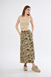 Kadın Kamuflaj Desen Gabardin Kumaş Etek Beli Lastikli Cep Detaylı Uzun Spor Etek 3553190