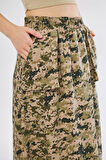 Kadın Kamuflaj Desen Gabardin Kumaş Etek Beli Lastikli Cep Detaylı Uzun Spor Etek 3553190