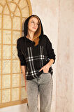 Kadın Kapüşonlu Oduncu Ekose Desenli Garnili Rahat Kesim Salaş Sweatshirt 3565