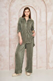 Kadın Pliseli Beli Lastikli Pantolon Tunik Gömlek Ikili Bürümcük Salaş Takım 3573300