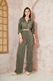 Kadın Pliseli Beli Lastikli Pantolon Tunik Gömlek Ikili Bürümcük Salaş Takım 3573300
