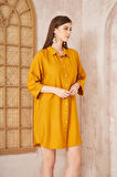 Kadın Midi Salaş Yarım Katlanır Kollu Keten Gömlek Elbise /kısa Yazlık Tunik Elbise 3582240
