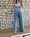 Kadın Bağcıklı Beli Lastikli Bol Paça Kot Pantolon KT088240