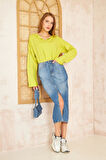 Kadın Ekstra Uzun Duble Kol / Yakası Yırtmaçlı Salaş Sweatshirt Bluz 3470190