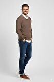 Oppland Erkek Uzun Kollu V Yakalı Düz Renk Klasik Model Rahat Kesim ince Yünlü Dokuma Kazak