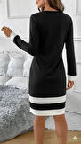 Kadın Uzun Kollu Yuvarlak Yaka Etek Ucu şerit Detaylı Mini Siyah Beyaz Dalgıç Elbise