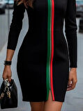 Kadın Uzun Kollu önden Tam Boy Fermuarlı Renkli şerit Detaylı Viskon Iki Iplik Mini Elbise