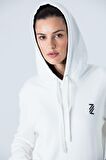 Kadın Beyaz Kapüşonlu Sweatshirt Diagonal Uzun Kollu Rahat Kesim 3 İplik Spor Pamuklu Sweatshirt