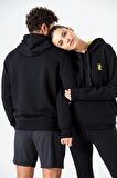 Kadın Siyah Kapüşonlu Sweatshirt Diagonal Uzun Kollu Rahat Kesim 3 İplik Spor Pamuklu Sweatshirt