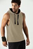 Erkek Bej Kapüşonlu Kolsuz Rahat Kesim Sıfır Kol Pamuklu Casual Spor T-shirt - Tişört