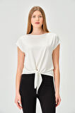 P-004933 - Kadın Basic Önden Bağlamalı Kısa Kollu Örme T-Shirt - EKRU