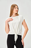 P-004933 - Kadın Basic Önden Bağlamalı Kısa Kollu Örme T-Shirt - EKRU