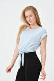 P-004933 - Kadın Basic Önden Bağlamalı Kısa Kollu Örme T-Shirt - AÇIK MAVİ