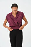 P-004929 - Kadın Kısa Kollu V Yaka Örme Wrap Bluz - KİREMİT