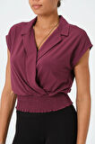 P-004929 - Kadın Kısa Kollu V Yaka Örme Wrap Bluz - KİREMİT