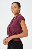 P-004929 - Kadın Kısa Kollu V Yaka Örme Wrap Bluz - KİREMİT
