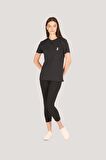 P-005962-Kadın %100 Pamuklu Bisiklet Yaka Kısa Kol Rahat Kesim Casual Spor T-shirt - Tişört-SİYAH