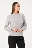 P-004986 - Kadın Omuzu Büzgülü Pamuklu Uzun Kollu Sweatshirt - GRİ