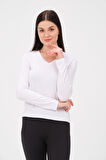 P-009963 - Kadın V Yaka Basic Uzun Kollu Likralı Süprem T-shirt - BEYAZ