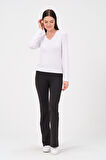 P-009963 - Kadın V Yaka Basic Uzun Kollu Likralı Süprem T-shirt - BEYAZ