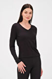 P-009963 - Kadın V Yaka Basic Uzun Kollu Likralı Süprem T-shirt - SİYAH