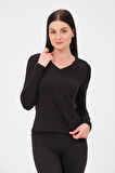 P-009963 - Kadın V Yaka Basic Uzun Kollu Likralı Süprem T-shirt - SİYAH