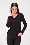 P-009963 - Kadın V Yaka Basic Uzun Kollu Likralı Süprem T-shirt - SİYAH