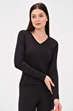 P-009963 - Kadın V Yaka Basic Uzun Kollu Likralı Süprem T-shirt - SİYAH
