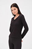 P-009963 - Kadın V Yaka Basic Uzun Kollu Likralı Süprem T-shirt - SİYAH