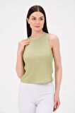 P-009969 - Kadın Bisiklet Yaka Simli Top T-shirt - YEŞİL
