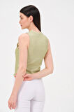 P-009969 - Kadın Bisiklet Yaka Simli Top T-shirt - YEŞİL