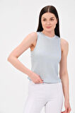 P-009969 - Kadın Bisiklet Yaka Simli Top T-shirt - MAVİ