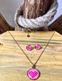 316L Çelik Pembe Kalp Figürlü Kolye Küpe Hediyelik Set