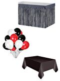 Siyah Masa Örtüsü Siyah Masa Eteği  20 adet siyah beyaz kırmızı balon Set