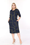 Çift Cepli Desenli Esnek Kışlık Büyük Beden Midi Elbise 44A-2708