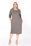 Çift Cepli Desenli Esnek Kışlık Büyük Beden Midi Elbise 44D-2709