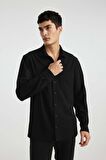 DeFacto Regular Fit Polo Yaka Krinkıl Basic Düz Uzun Kollu Siyah Gömlek B6484AX24SPBK27